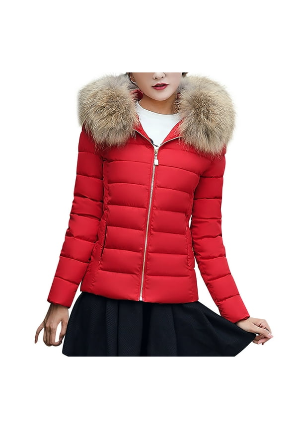 Women's Winter Puffer Jacket Faux Fur Hood Warm Lightweight Down Coat Thick Winter Padded Jacket Outerwear Red XXXL