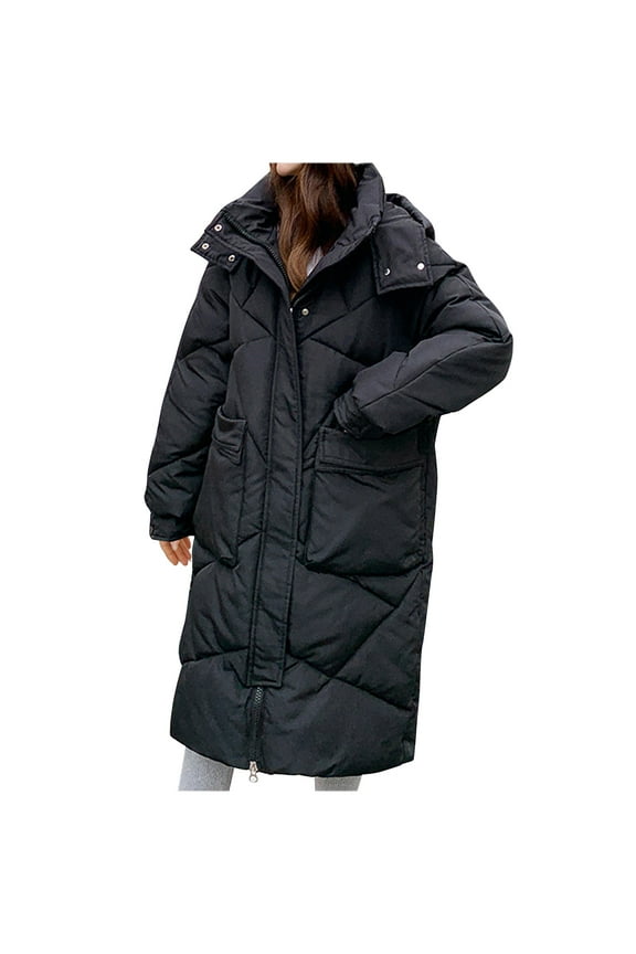 Women's Winter Puffer Jacket Long Sleeve Hooded Thick Warm Down Coat Loose Fit Outwear Black XL