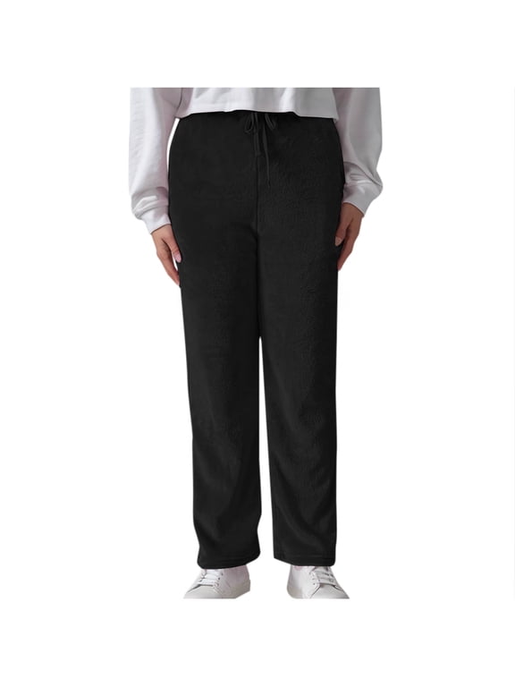 Women's Winter Warm Plush Pajama Pants with Drawstring Fuzzy Flannel Pj Lounge Bottoms Sleepwear Black L