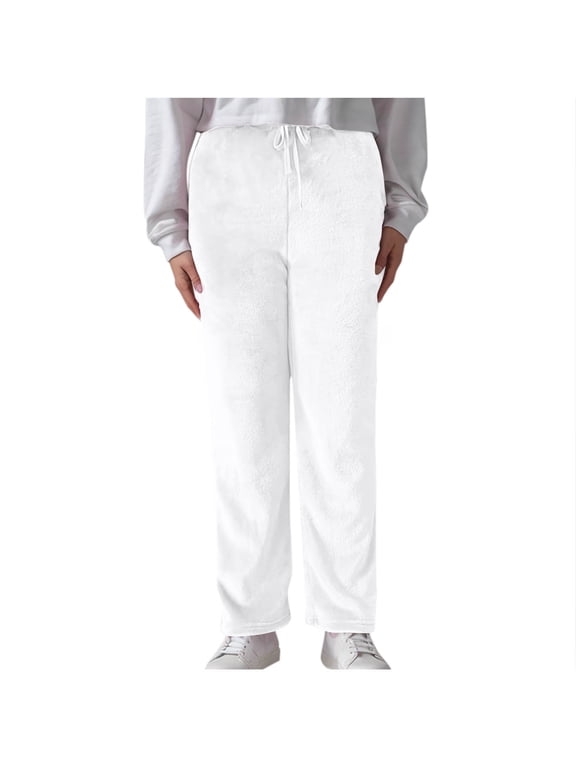 Women's Winter Warm Plush Pajama Pants with Drawstring Fuzzy Flannel Pj Lounge Bottoms Sleepwear White S