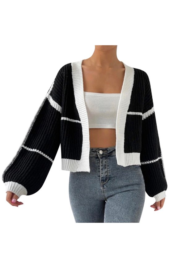 Womens Color Block Cropped Cardigans Chunky Cable Knit Open Front Cardigan Sweaters Trendy Fall Winter Coat Black M