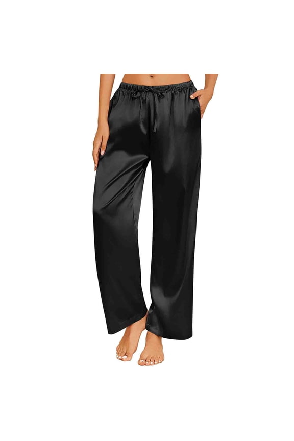 Womens Pajama Pants Casual Loose Lounge Pants Drawstring Elastic Waist Wide Leg Pj Bottoms with Pockets Black M