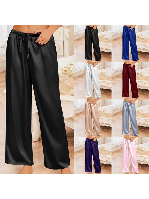 Womens Pajama Pants Casual Loose Lounge Pants Drawstring Elastic Waist Wide Leg Pj Bottoms with Pockets Black XXL