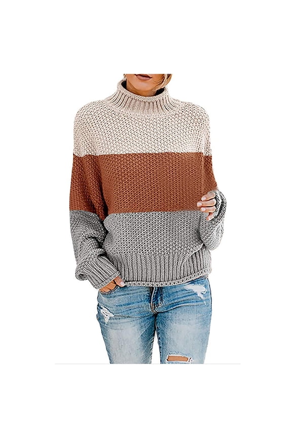 Color Block Knit Sweaters for Women Trendy Turtle Neck Pullover Tops Loose Oversized Chunky Jumper Lantern Sleeve Long Sleeve Fall Sweaters 2024 Fashion Clothing Beige XXXXL