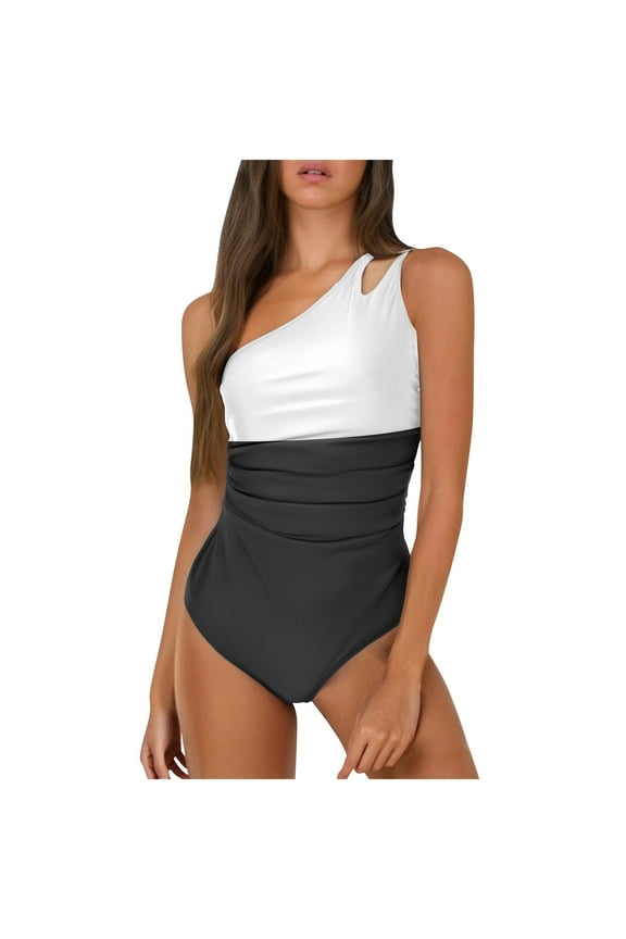 Color Block One Piece Swimsuit for Women Cutout One Shoulder Bathing Suit Sexy Ruched Slimming Beach Swimwear White S