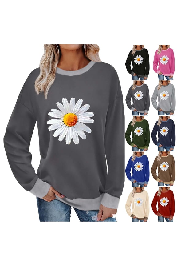 Color Block Sweatshirts for Women Daisy Printed Loose Crewneck Pullovers Long Sleeve Cute Graphic Tees Casual Tunic Blouse Khaki S