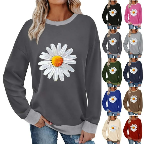 UTSJKR Color Block Sweatshirts for Women Daisy Printed Loose Crewneck Pullovers Long Sleeve Cute Graphic Tees Casual Tunic Blouse Khaki XL