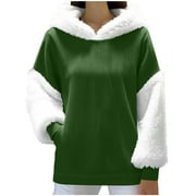 UTSJKR Color Block Sweatshirts for Women Fur Trim Fleece Hoodies Santa Coat Oversized Warm Winter Pullover with Pockets Army Green S