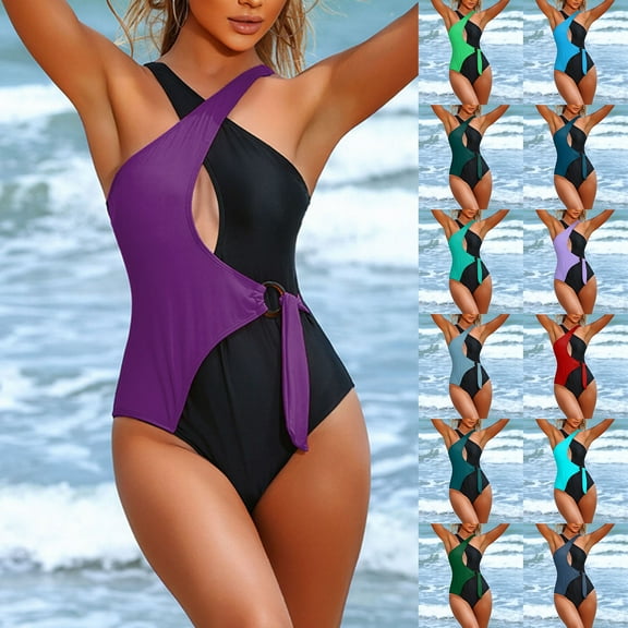 UTSJKR Color Block Swimsuits for Women,Wrap Cut Out Sexy One Piece Monokini Swimsuit,Cheeky Bathing Suit Pool Party Beach Blue XL