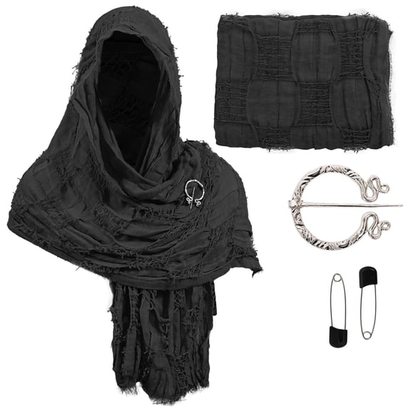 UTSJKR Comfy Costume Medieval Hooded Shawl Scarf Renaissance Cowl Cloak Wrap Comfy Wasteland Hooded Shawl with Viking Brooch Black