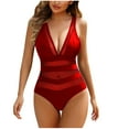 thumbnail image 1 of UTSJKR Contrast Mesh One Piece Swimsuit, V Neck Solid Color Backless Tummy Control High Cut Bathing Suit, Women's Swimwear Red 12-14, 1 of 4