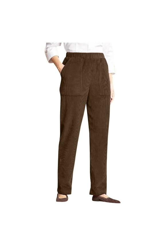 Corduroy Pants for Women High Waisted Straight Leg Pants Solid Color Casual Winter Pants Trousers with Pockets Brown L
