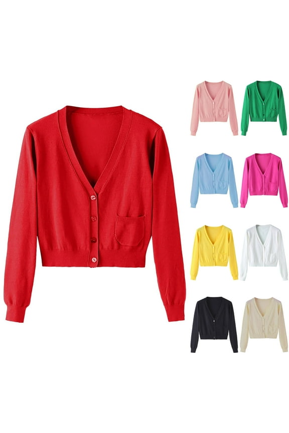 Cotton Sweaters for Women Oversized Cardigan Knitted Button Up Fall Clothing Deep V Neck Long Sleeve Cropped Lightweight Coat Red L