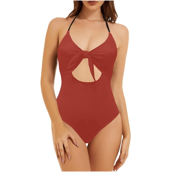 UTSJKR Cut Out Swimsuit Women Plunge V Neck Tie One Piece Bathing Suits Cold Shoulder Backless Tummy Control Swimwear Red M