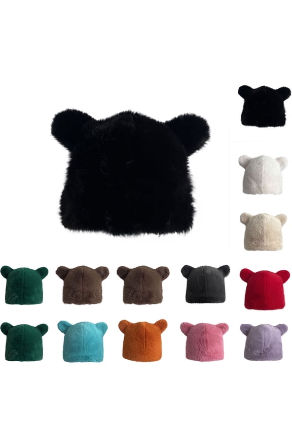 Cute Fuzzy Bear Ear Beanie Hat for Women Skin-Friendly Plush Warm Woolen Hat Winter Faux Fur Cartoon Animal Skull Cap Red