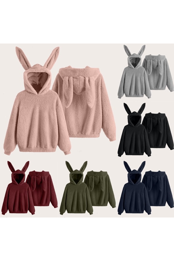 Cute Hoodie for Women Bunny Ear Hooded Fuzzy Fluffy Rabbit Sweatshirts Solid Winter Warm Pullover Rabbit Hoodies Black L