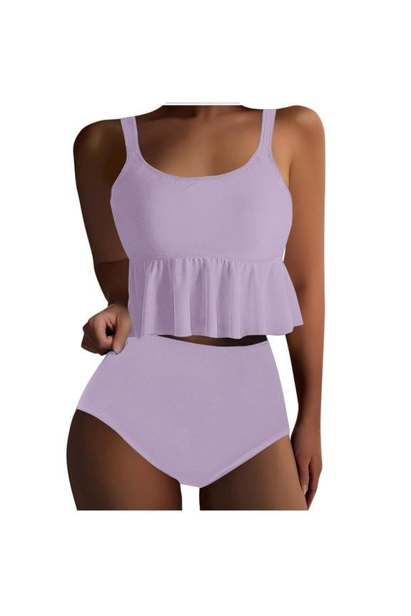 Cute Two Piece Bathing Suits Women Ruffle Flounce Crop Top High Waisted Bikini Set Swimsuit Tummy Control Swimwear Purple S