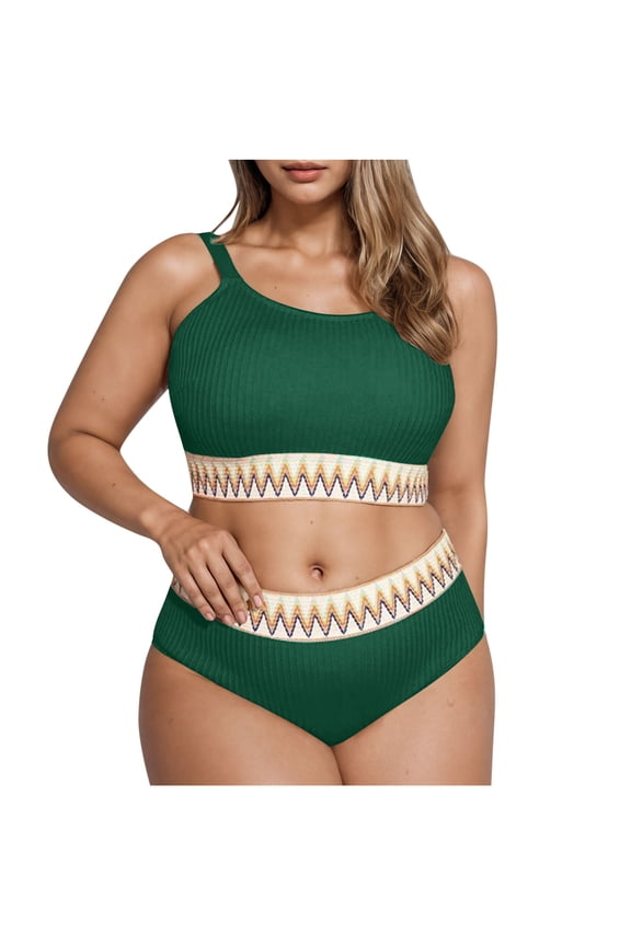 2025 Plus Size Ribbed Knit Swimsuits for Women 2 Piece Boho Bathing Suits High Waisted Tummy Control Bikini Swimwear Green XXXL