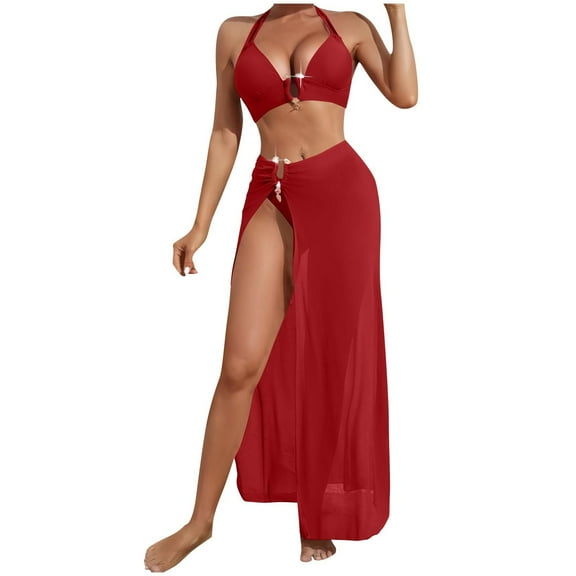 UTSJKR 3 Piece Swimsuit for Women Sexy Halter Bikini Sets with Beach Coverup High Slit Maxi Skirt Vacation Bathing Suit Red XL