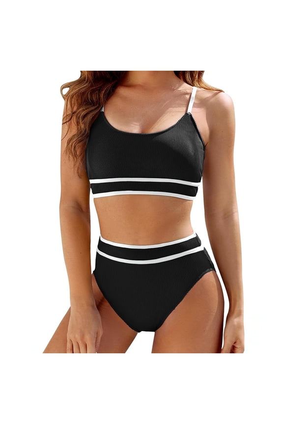 Bikini Sets for Women Two Piece High Waisted Tummy Control Sporty Swimsuits High Cut Color Block Bathing Suit Black M