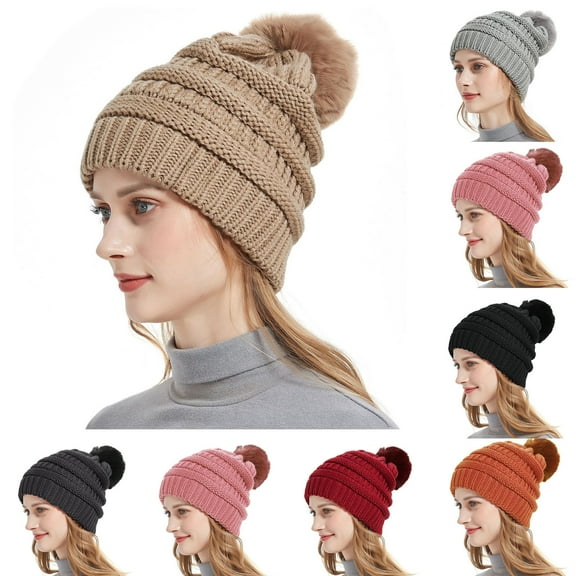UTSJKR Chunky Baggy Warm Hat for Women, Cable Knit Slouchy Beanie Cap Winter Soft Comfy Ski Snow Hats with Faux Fur Pompom Wine