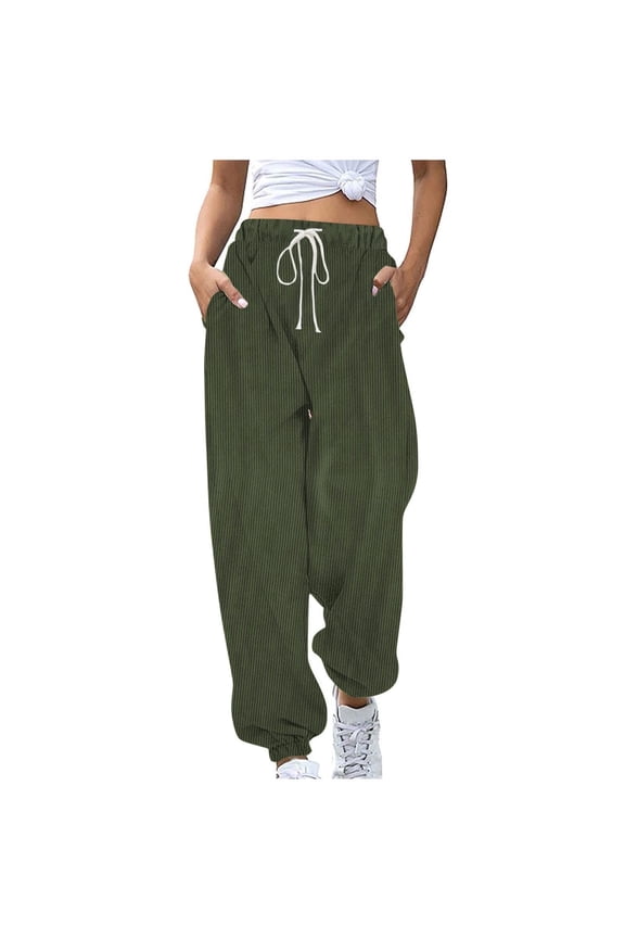 Corduroy Sweatpants for Women Cotton High Waisted Pants Drawstring Elastic Waist Pants Casual Wide Leg Pants with Pockets Army Green XXL
