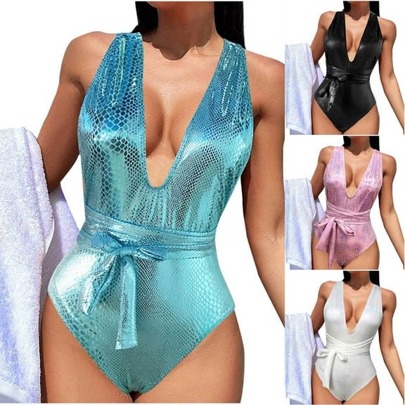 UTSJKR Glossy Swimsuits Deep V One Piece Swimwear for Women Bowknot Lace up Shiny Bathing Suit Sexy Tummy Control Monokini Black L