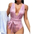 thumbnail image 1 of UTSJKR Deals Glossy Swimsuits Deep V One Piece Swimwear for Women Bowknot Lace up Shiny Bathing Suit Sexy Tummy Control Monokini Pink L, 1 of 4