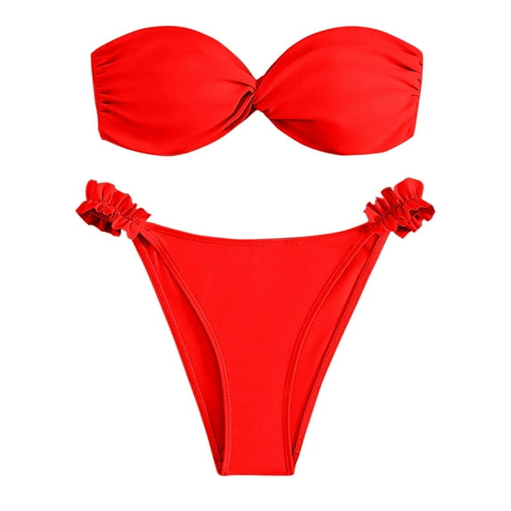 UTSJKR High Cut Bikini Sets for Women Knot Front Bandeau Two Piece Swimsuit Strapless Bikini Set Bathing Suit Red S