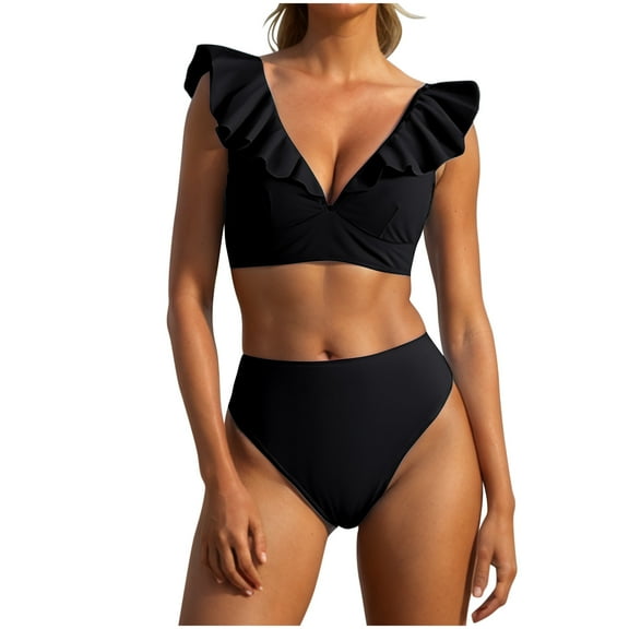 UTSJKR High Waisted Bikini Sets for Women Ruffle Sleeve Two Piece Swimsuit Tummy Control Bathing Suit Solid Color Swinsuits Black S