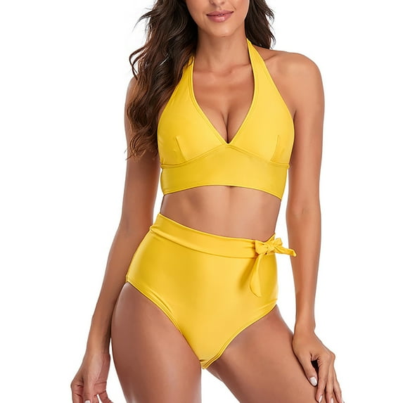 UTSJKR High Waisted Bikini Sets for Women Tummy Control Swimsuit Halter Full Coverage Modest Vintage Two Piece Bathing Suits Yellow M