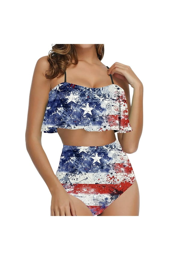 Independence Day Womens Ruffle Swimsuit Patriotic USA Flag Stars Sexy Halter 2 Piece High Waist Bathing Bikini Set Multicolor L