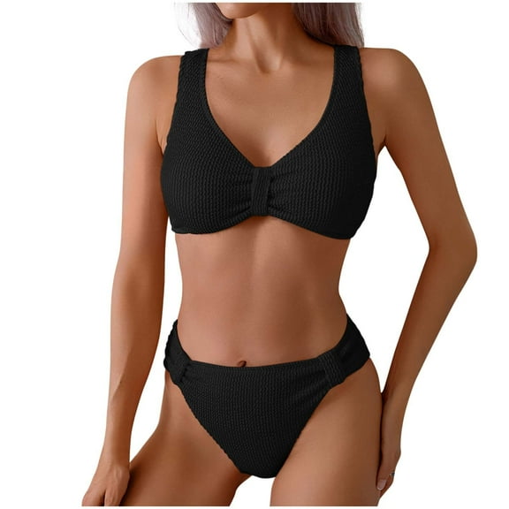 UTSJKR Mid Rise Bikini Sets for Women Trendy Two Piece Bathing Suits V Neck Ruched Padded Swimsuit Solid Color Swimwear Black XL