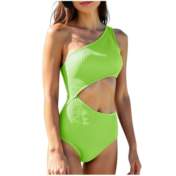 UTSJKR One Shoulder Bathing Suit for Women One Piece Sexy Cutout Swimsuit Slimming Ribbed Swimwear 2025 Monokini Green L