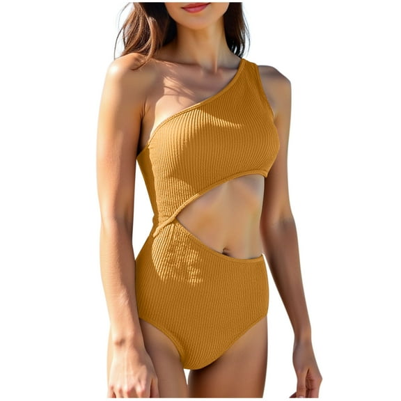UTSJKR One Shoulder Bathing Suit for Women One Piece Sexy Cutout Swimsuit Slimming Ribbed Swimwear 2025 Monokini Yellow S