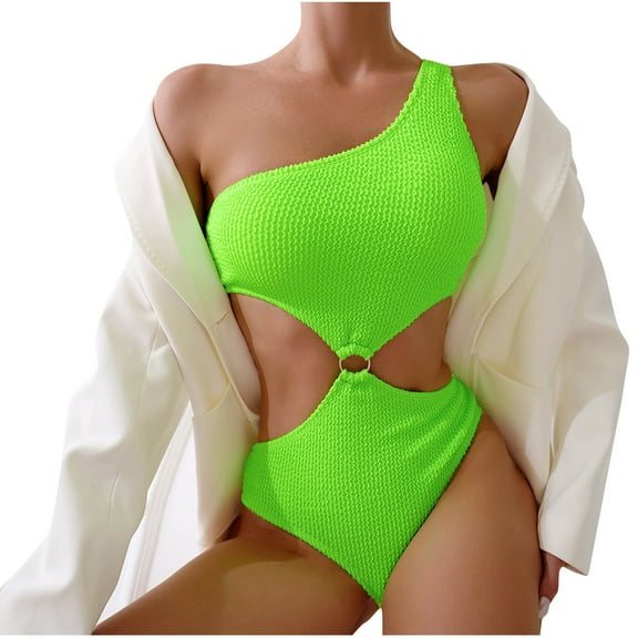 UTSJKR One Shoulder One Piece Swimsuit for Women Sexy Ribbed Scalloped Bathing Suit Cutout Slimming Full Coverage Swim Suit Green S