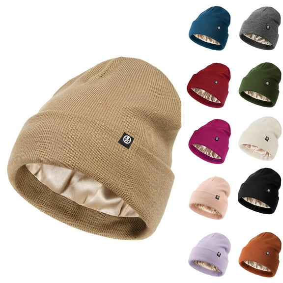 UTSJKR Satin Lined Beanie for Women Fashionable Winter Hats Silk Beanies Warm Soft Ribbed Knit Hat Skull Cap for Men Teen Beige