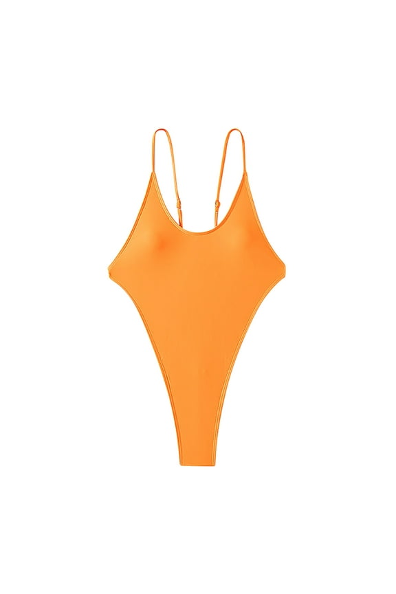Sexy High Cut One Piece Swimsuit for Women Strappy Open Back Tummy Control Push Up Padded Swimwear Bathing Suit Orange L