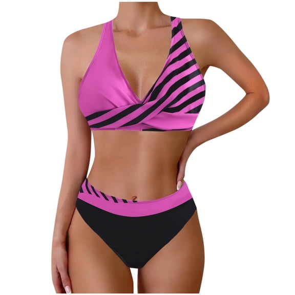 UTSJKR Swim Suits for Women 2025 Cheeky String Bikini Set Sexy Tie Side Mid Waist Bathing Suit V-Neck Striped Swimsuit Hot Pink S