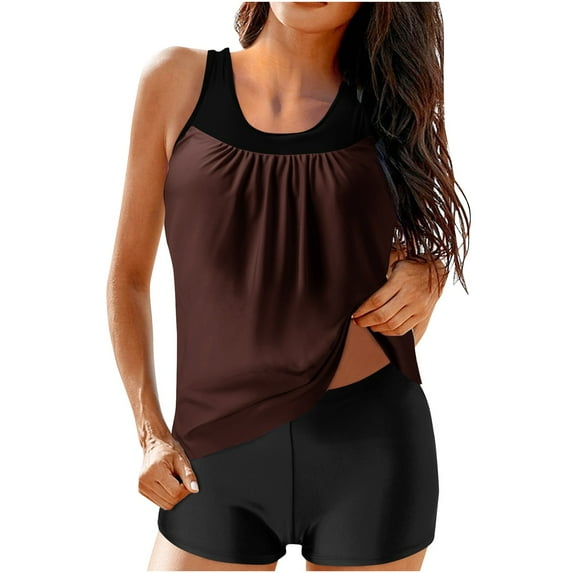 UTSJKR Swimsuit for Women Colorblock Pleated Tankini Top with Boy Shorts Athletic Two Piece Bathing Beach Swimwear Brown XL