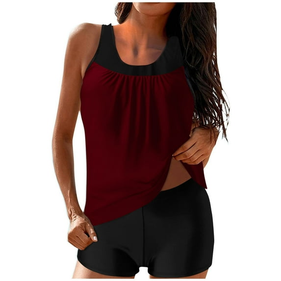 UTSJKR Deals Swimsuit for Women Loose Pleated Tankini Top with Boy Shorts Athletic Two Piece Bathing Beach Swimwear Wine XL