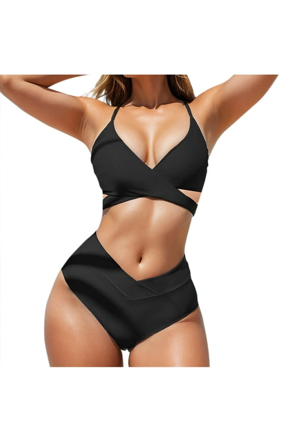 Two Piece Bikini Sets for Women High Waisted Swimwear Push Up Swimsuit Halter Wrap Criss Cross Back Tie Bathing Suit Black M