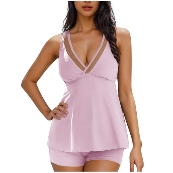 UTSJKR Two Piece Flowy Tankini Swimsuits for Women Push Up Tummy Control Bathing Suits Mesh Sheer V-Neck Swim Suits 2025 Pink S
