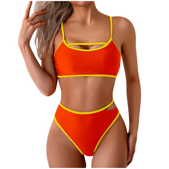 UTSJKR Two Piece Swimsuit for Women High Waist Bathing Suit Bottom Full Coverage Swimsuit 2 Piece High Cut Swim Suits Orange L