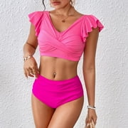 UTSJKR Two Piece Swimsuit for Women High Waist Bikini Set Tummy Control Padded Swimsuit Bathing Suit with Ruffle Sleeves Hot Pink XXL