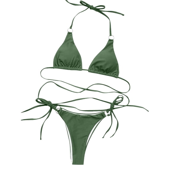 UTSJKR Women Sports Two Piece Swimsuit Athletic Crop top Bathing Suits High Cut Thong Ribbed Padded Bikini Set Tankini Tops Army Green L