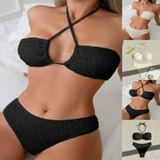 UTSJKR Women Two Piece Bikini Set - Sexy Halter Triangle Bikini Top with High Cut Cheeky Bikini Bottom Swimsuits Black M