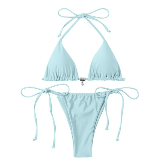 UTSJKR Women Two Piece Thong Bikini Set Summer Fashion Sexy Halter Triangle Swimsuit String Brazilian Bathing Suits Light Blue S