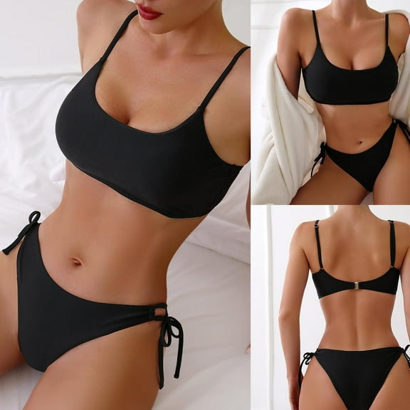 UTSJKR Women's 2 Piece Bathing Suits Summer Beach Swimsuit Adjustable Ribbed Tie Side Thong Bikini Set Sexy Swimsuit Black S