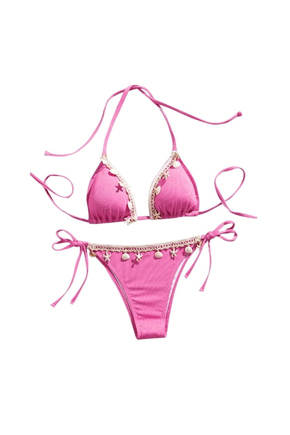 Women's 2 Piece Halter Triangle Bathing Suit Ribbed Bikini Swimsuits Color Block riangle String Bikini Sets Hot Pink S